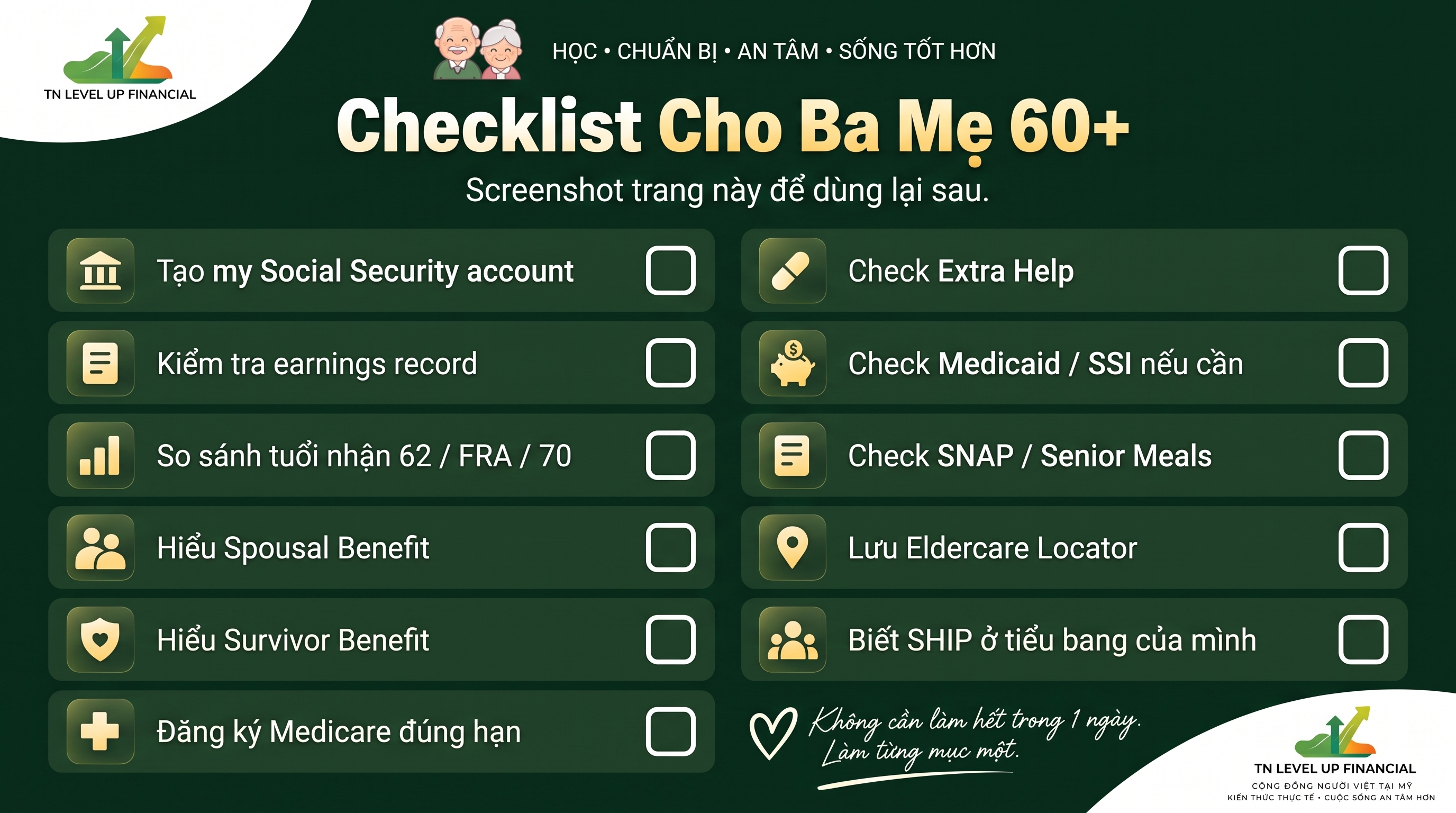 Checklist Cho Ba Mẹ 60+: tạo my Social Security account, kiểm tra earnings record, so sánh tuổi nhận 62/FRA/70, hiểu Spousal Benefit, hiểu Survivor Benefit, đăng ký Medicare đúng hạn, check Extra Help, check Medicaid/SSI nếu cần, check SNAP/Senior Meals, lưu Eldercare Locator, biết SHIP ở tiểu bang của mình