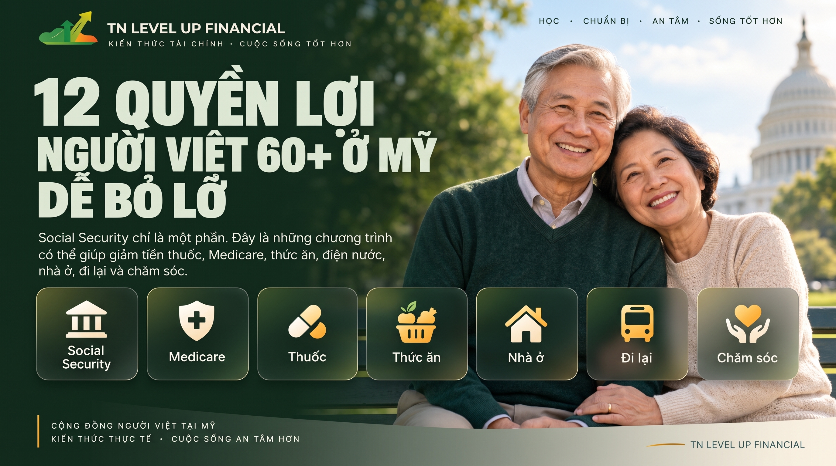 12 Quyền Lợi Người Việt 60+ Ở Mỹ Dễ Bỏ Lỡ — ảnh bìa cẩm nang miễn phí của TN Level Up Financial, gồm Social Security, Medicare, thuốc, thức ăn, nhà ở, đi lại và chăm sóc